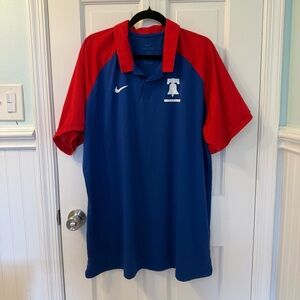 Nike Men's Philadelphia Phillies Legacy Raglan Red and Blue Polo Shirt